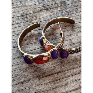 Barse Thai Bronze Earrings Amethyst & Spiny Oyster Orange Stone Semi Hoop Boho S
